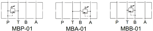 Графическое обозначение клапанов MBP-01, MBA-01, MBB-011 Графическое обозначение клапанов MBP-01, MBA-01, MBB-01