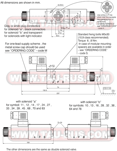 Размеры гидрораспределителей RH06001-024(110,220), RH06011-024(110,220), RH06021-024(110,220), RH06041-024(110,220), RH06051-024(110,220), RH06101-024(110,220), RH06111-024(110,220), RH06121-024(110,220), RH06131-024(110,220), RH06331-024(110,220)
