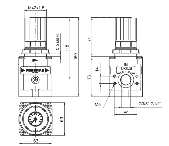 Размеры регуляторов давления 17322A.C, 17322A.D, 17322A.B, 17322A.A, 17322B.C, 17322B.D, 17322B.B, 17322B.A