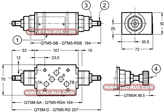 Габаритные и присоединительные размеры дросселя (Регулятора расхода) QTM5-D/10N/S, QTM5-SA/10N/S, QTM5-SB/10N/S