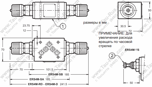 Габаритные и присоединительные размеры дросселя (Регулятора расхода) ERS4M-D/40, ERS4M-SA/40, ERS4M-SB/40 и ERS4M-RD/40, модульного монтажа Габаритные и присоединительные размеры дросселя (Регулятора расхода) ERS4M-D/40, ERS4M-SA/40, ERS4M-SB/40 и ERS4M-RD/40, модульного монтажа