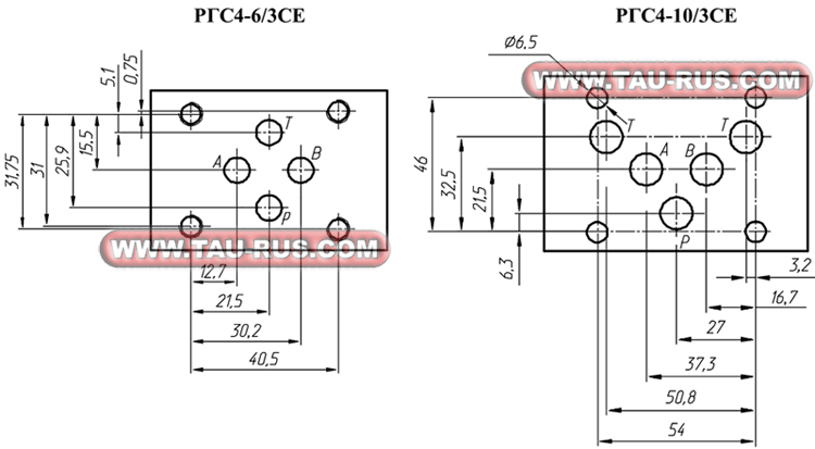 Присоединительные размеры стыковой плоскости гидрораспределителей РГС4-6(10)/3СЕ.64.Г24(В110,В220), РГС4-6(10)/3СЕ.44.Г24(В110,В220), РГС4-6(10)/3СЕ.34.Г24(В110,В220), РГС4-6(10)/3СЕ.574А.Г24(В110,В220