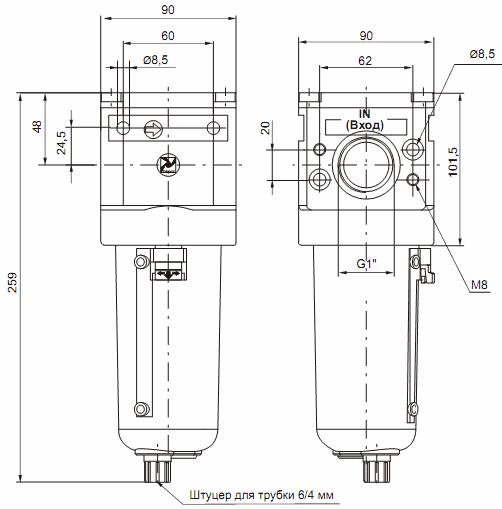 Размеры Фильтров влагоотделителей 17401B.B, 17401B.B.S, 17401B.A, 17401B.C, 17401B.A.S