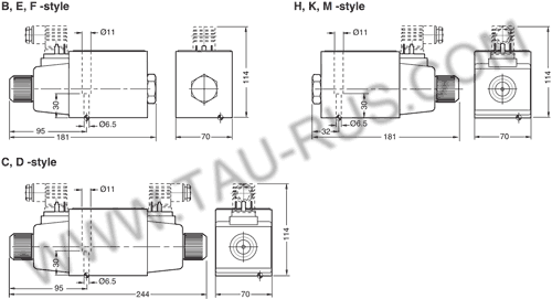 Размеры гидрораспределителей D3W2СNY(T)W, D3W6СNY(T)W, D3W4СNY(T)W, D3W1СNY(T)W, D3W8(9)СNY(T)W, D3W20B(H)NY(T)W, D3W26B(H)NY(T)W (Parker)