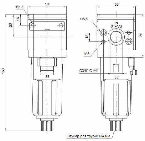 Размеры фильтров 17208A.E, 17208B.E, 17208A.E.S, 17208B.E.S