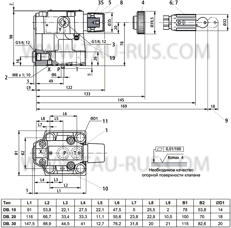 Присоединительные и габаритные размеры клапанов Rexroth DB 10-2-5X/50, DB 10-2-5X/100, DB 10-2-5X/200, DB 10-2-5X/315, DB 10-2-5X/350, DB 20-2-5X/100, DB 20-2-5X/200, DB 20-2-5X/350, DB 30-2-5X/200, DB 30-2-5X/315, DB 30-2-5X/350