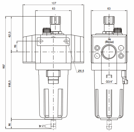 Размеры Маслораспылителя 17303E (MA, MC) PNEUMAX 
