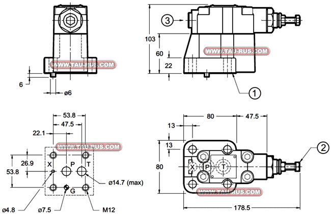 Габаритные и присоединительные размеры клапанов RQ3-P3/41