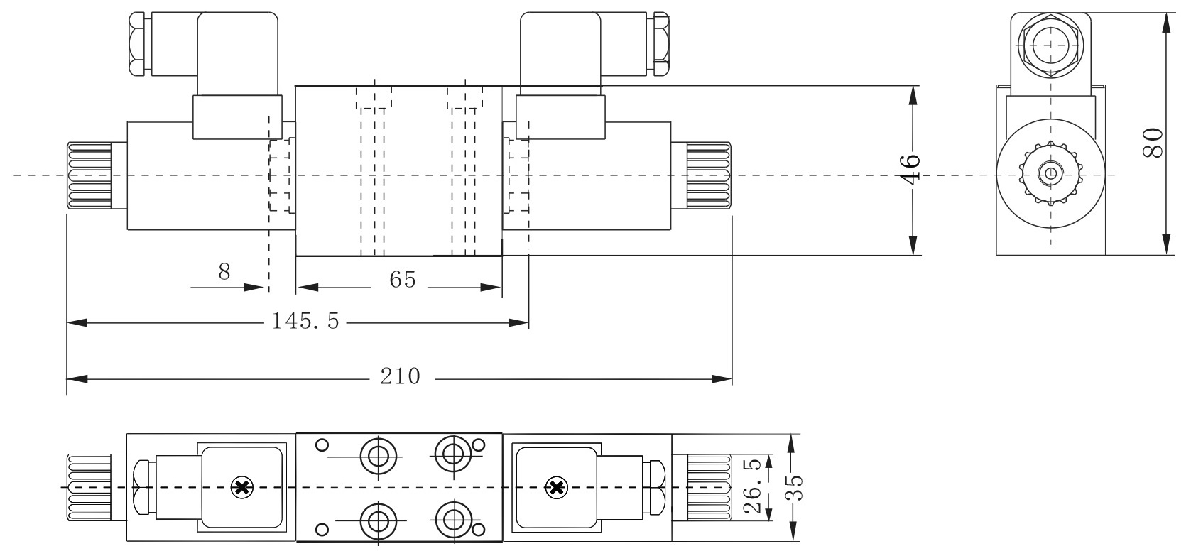 Габаритные и присоединительные размеры двухмагнитных гидрораспределителей ВЕ43.24.Г24
