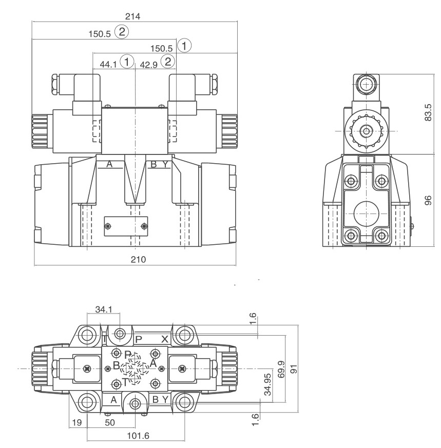 Габаритные и присоединительные размеры двухмагнитных гидрораспределителей ВЕХ16