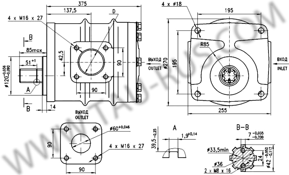 Габаритные и присоединительные размеры насосов НШ 250-4, НШ 250А-4