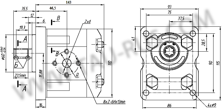 Габаритные и присоединительные размеры насосов НШ 8-3, НШ 8Г-3, НШ 8Д-3