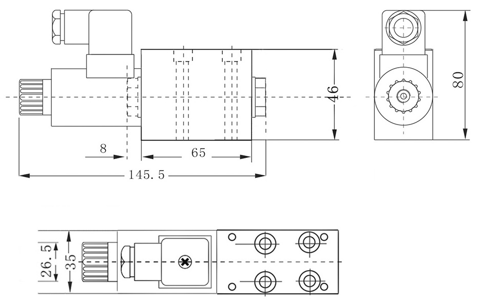 Габаритные и присоединительные размеры одномагнитных гидрораспределителей ВЕ43.574Е.Г24